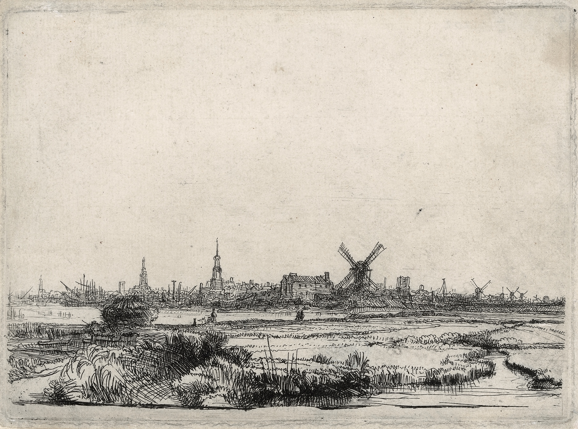 B210, Rembrandt, Gezicht op Amsterdam, ca. 1640-1641. Ets, enige staat, 112 x 153 mm, Museum Het Rembrandthuis, TIF (kleurenopname)